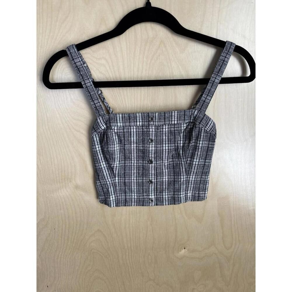 Y2K Hollister Plaid Crop top Black White smocked back coastal western XS